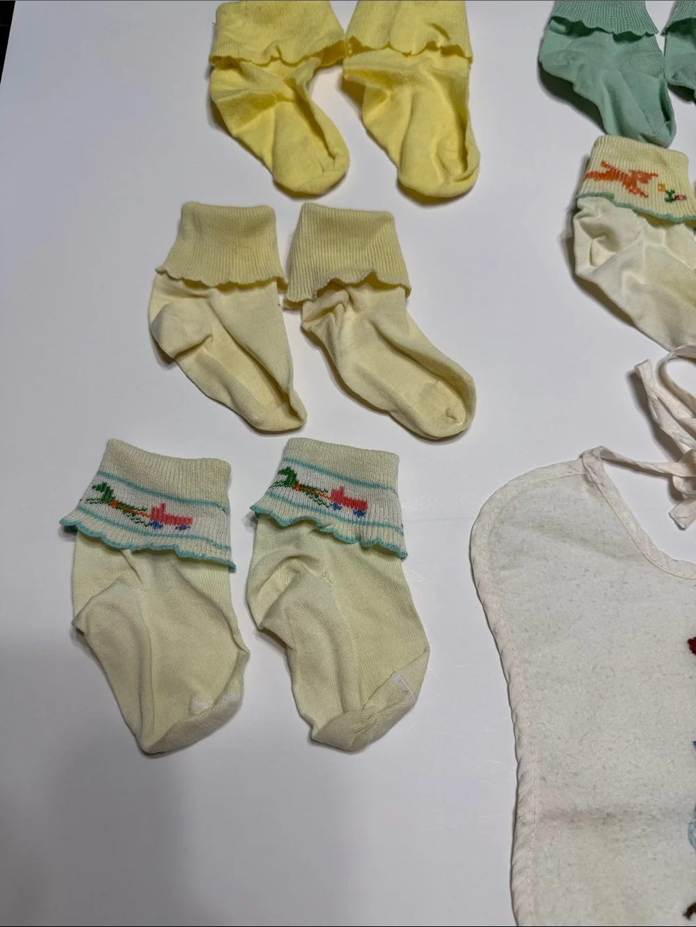 Assorted Vintage Baby Bibs and Socks Set - Pink, White, Yellow, Green